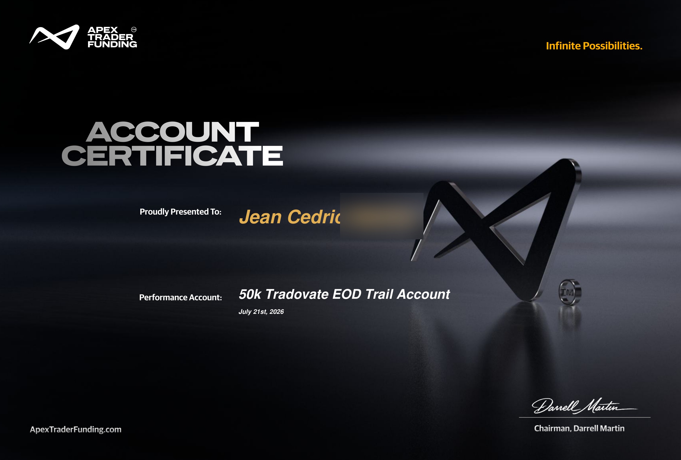 Certificat de compte Apex Trader Funding — élève KORP X