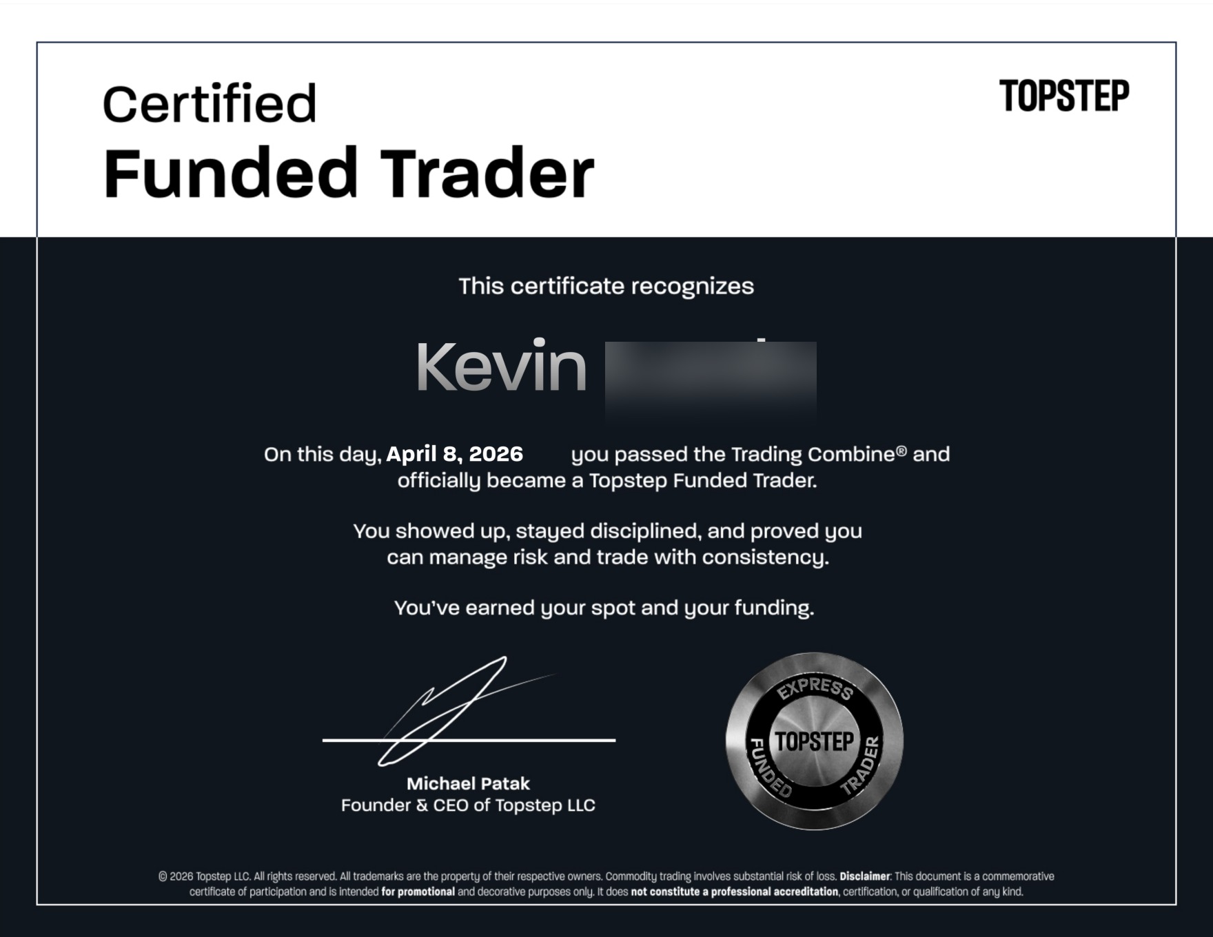 Compte funded Topstep certifié — élève KORP X