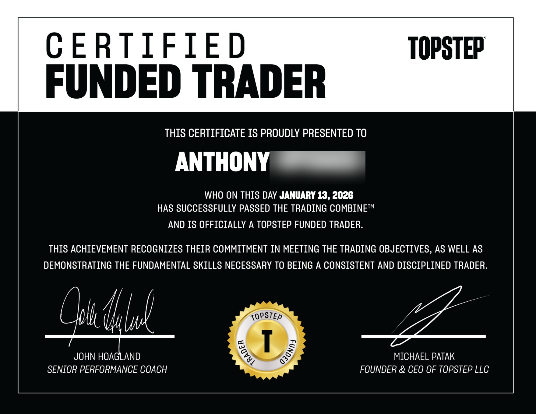 Certificat Topstep Funded Trader — élève KORP X