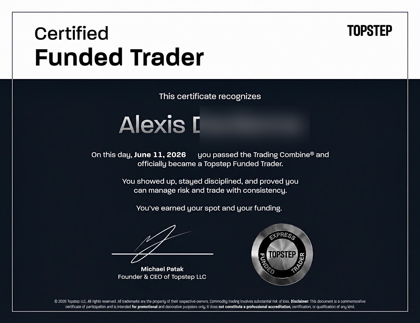 Certificat de trader financé Topstep — élève KORP X