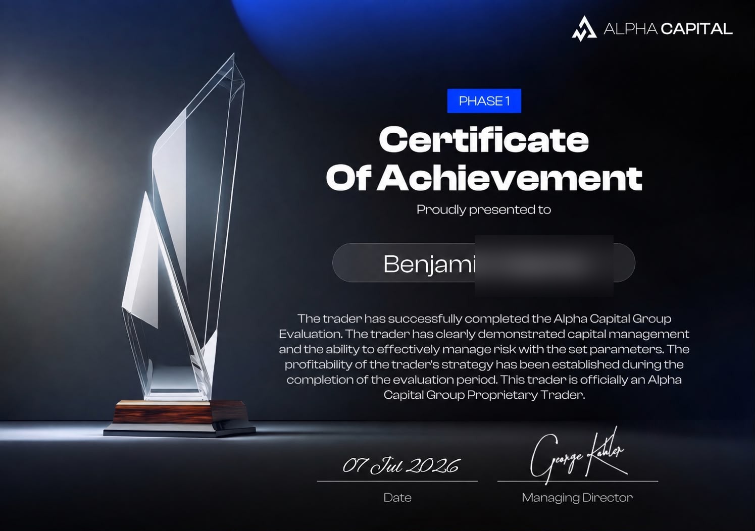 Certificat Alpha Capital Phase 1 réussie — élève KORP X